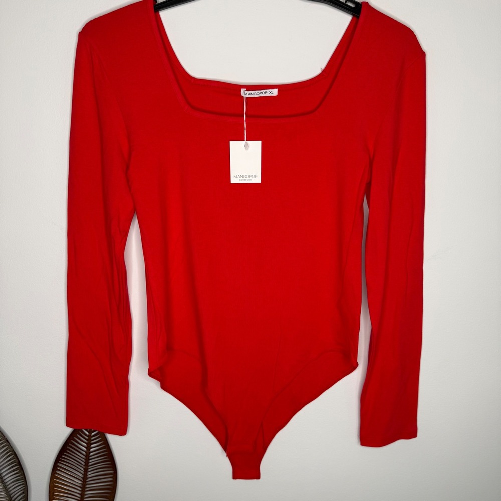 M20 NWT Mangopop‎ Red Square Neck Long Sleeve Top Bodysuit XL